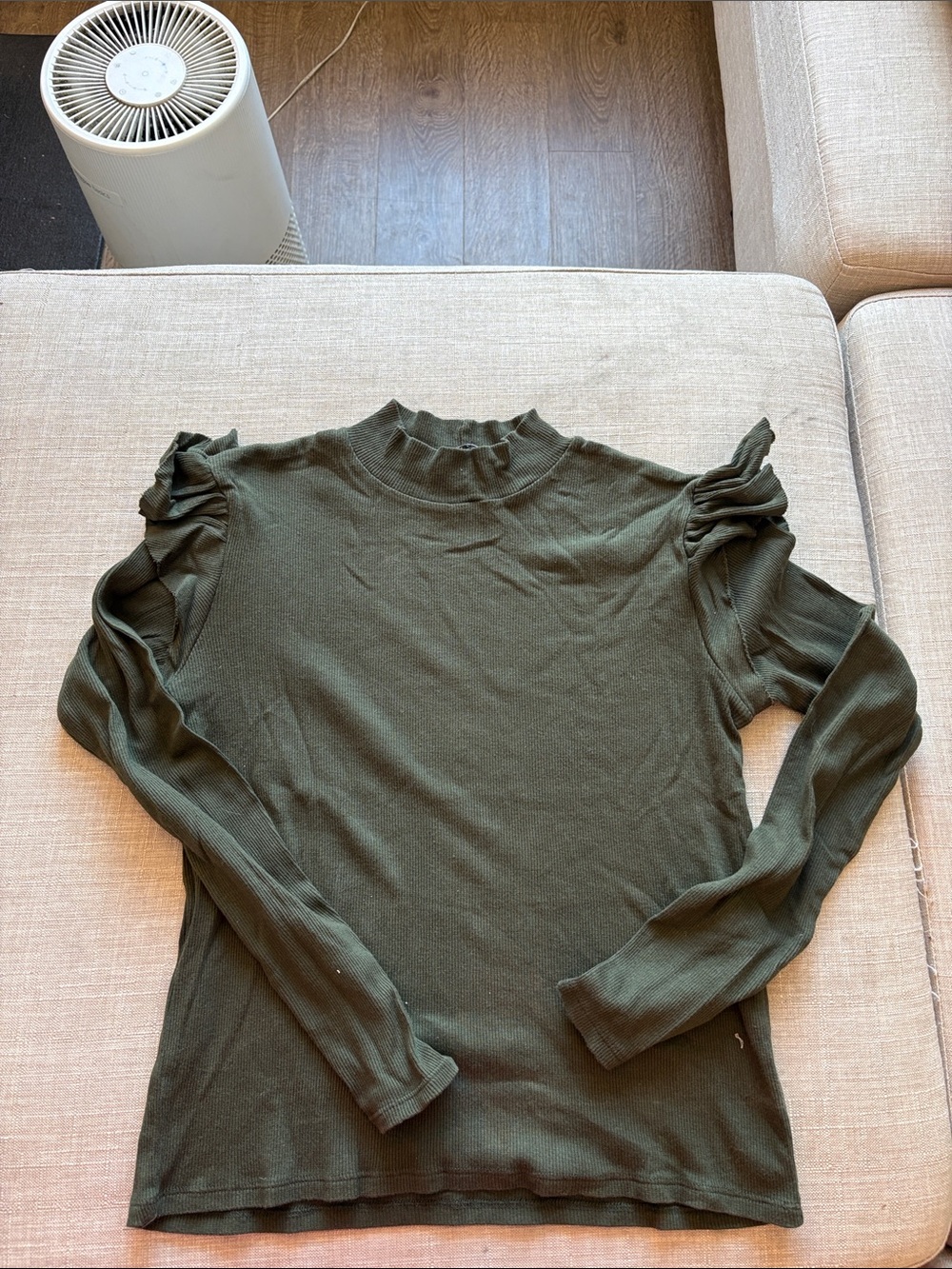 Zara Olive Green Long-Sleeve Ruffle Shoulder Top